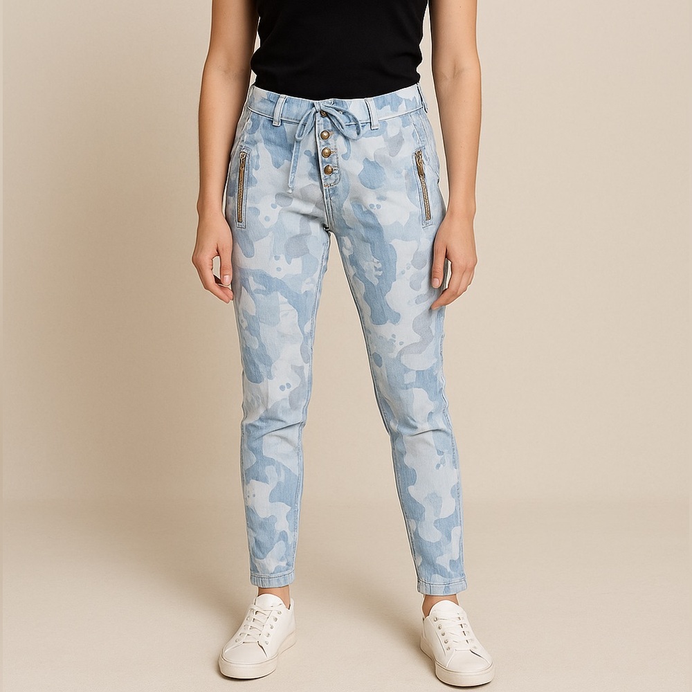 Milo Milano Woman's Blue Camouflage‎ Elastic Waist Pants Size Large Italian